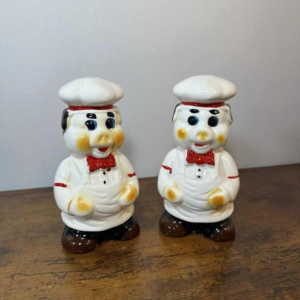 Porky Pig Chef Salt & Pepper Shakers 1950s American Bisque WB Pottery Vtg